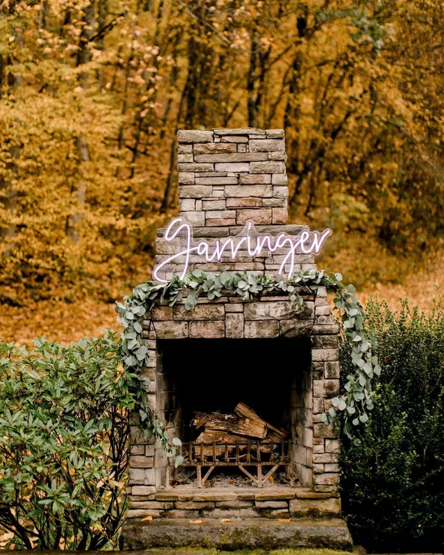 The stacked-stone fireplace
