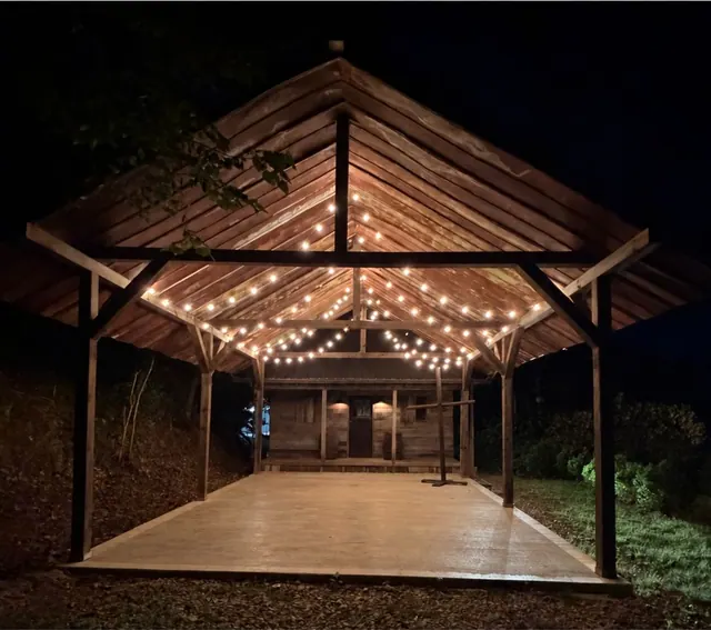 The pavilion lit for the evening